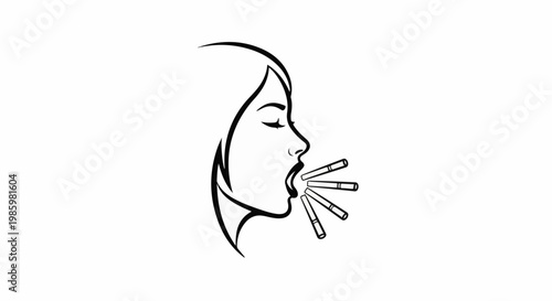 Woman exhales smoke rings from her mouth, stylized line art