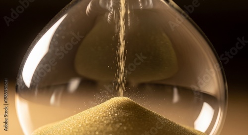 Close-up of sand flowing inside an hourglass, creating a mound at the bottom against a warm, dark background. Symbol of time management and deadlines.