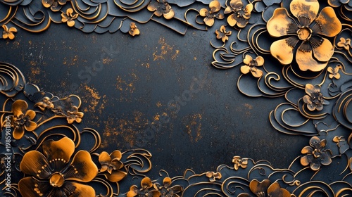 Metal flowers and scrolls in gold against a black background create a luxurious pattern and serve as a backdrop for decorative or jewellery projects.