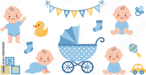 Cute baby boy nursery collection with blue stroller rubber duck pacifier blocks and newborn characters flat vector illustration set isolated on white