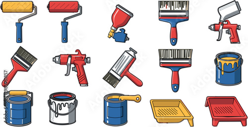 Painting tools and equipment vector set with rollers, brushes, spray guns, paint cans and trays, home renovation illustration