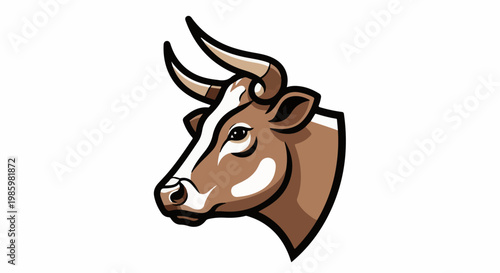 Stylized profile of a brown and white cow head with horns