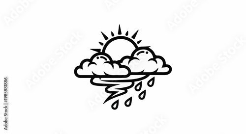 Stylized sun, clouds, lightning, and rain drops in a graphic icon