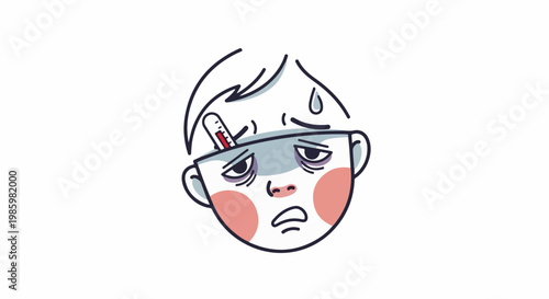 Tired face with thermometer, sweat, and flushed cheeks
