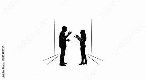 Two silhouettes, a man and woman, converse with open hands and raised arms