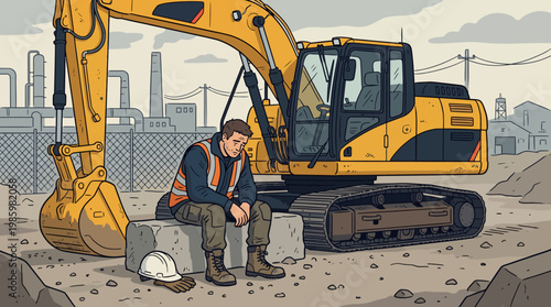 Construction worker taking a break sitting on concrete block next to excavator.