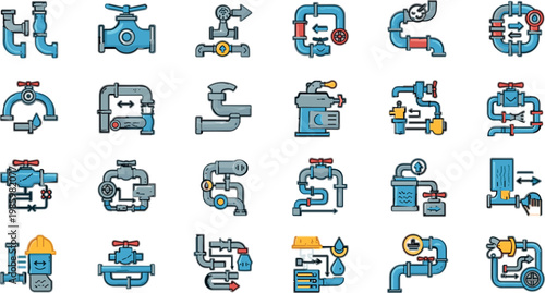 Plumbing pipes and water system icons set with valves, fittings, repair tools and pipeline elements vector illustration collection