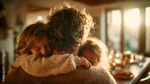 Father’s Day celebration, a warm family scene with children hugging their father at home