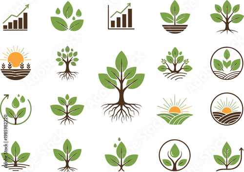 Plant Growth Stages Icons Set Agriculture Development Eco Farming Vector Collection