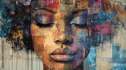 This abstract collage, featuring a woman’s face and multicoloured brushstrokes, conveys inner strength and serves as the perfect backdrop for motivational or artistic themes.
