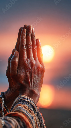 International Yoga Day, close-up of hands in prayer position (namaste) against a sunrise sky