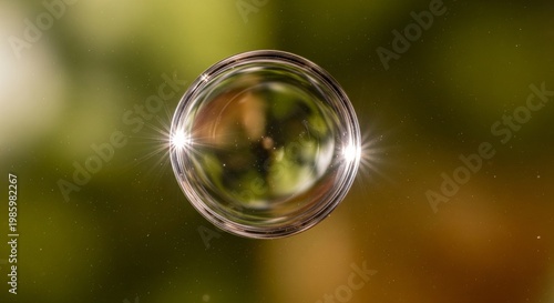 A single perfect water droplet suspended in mid-air with sun flares and a soft green blurred background.
