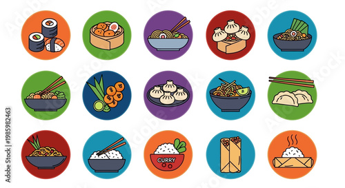 Asian Food Icon Set Vector Illustration of Sushi Ramen Dim Sum and Dumplings