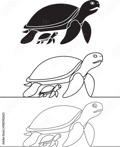 Three sea turtles and their hatchlings in different line styles and colors  simple illustrations [Converted].eps
