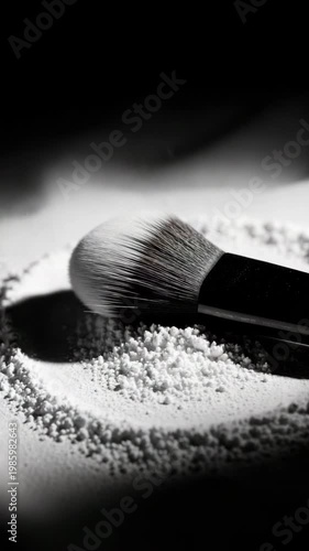 Black and white macro of makeup brush in powder
