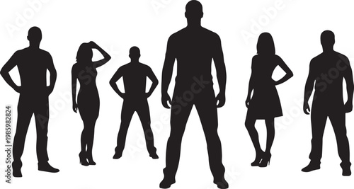 A group of people standing together in confident poses against a plain background.