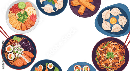 Top View Asian Food Assortment Frame with Sushi, Ramen, Dim Sum, and Noodles on White Background