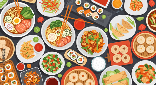 Delicious Asian Food Vector Illustration; Top View of Ramen, Sushi, Dim Sum, and Gyoza Set