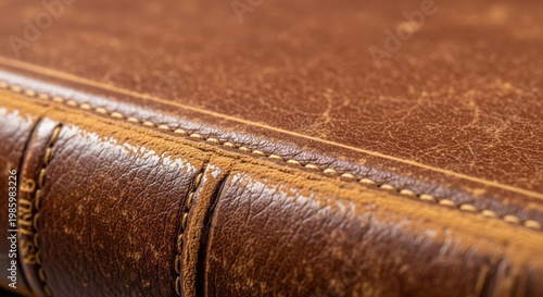 Close-up of a vintage brown leather book cover showing detailed stitching, texture, and a ribbed spine.