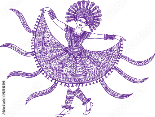 Traditional Indian Dancer in Madhubani Art Style Illustration, Ethnic Folk Dance Character with Intricate Patterns, Vibrant Cultural Artwork Inspired by Bihar Mithila Painting