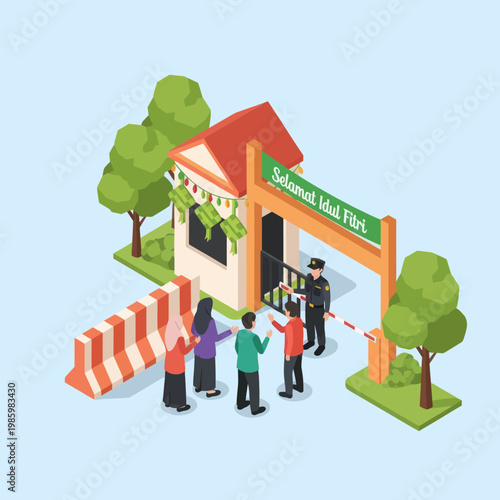 Polling Station Entrance with Voters and Barriers.