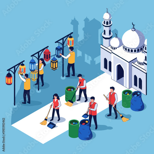 People Cleaning Mosque Courtyard with Equipment.