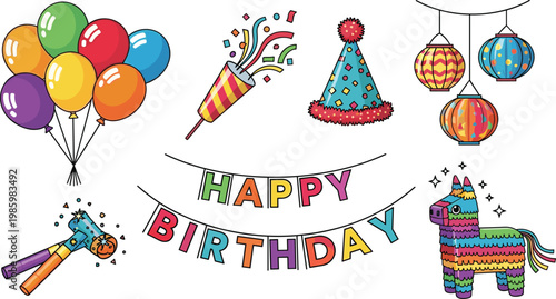 Happy Birthday Party Decoration Icon Set with Balloons, Confetti, Party Hat, Lantern, Banner, Party Blower, and Pinata Elements for Celebration, Kids, and Festival Designs