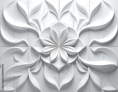 A symmetrical, white floral design composed of layered, curved petals and leaves, creating a 3D effect across tile squares