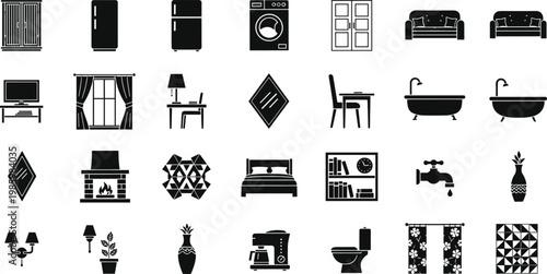 Complete home interior and appliance solid icon set featuring refrigerator washing machine sofa bathtub fireplace bed and kitchenware vectors, 18 words.