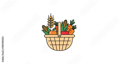 A vibrant illustration of a wicker basket overflowing with fresh, colorful produce