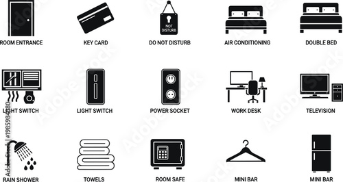 Comprehensive hotel room amenities solid icon set featuring room entrance key card double bed television shower towels safe and mini bar, 19 words.