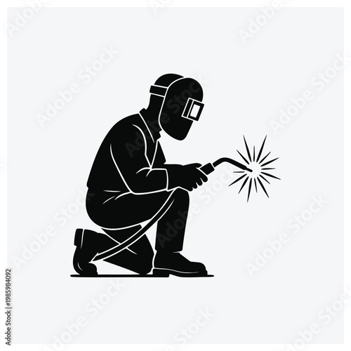 A silhouette illustration of a professional welder using equipment, generating sparks during welding work.