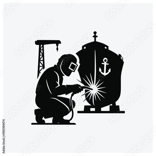 Silhouette of a worker welding a large maritime or industrial vessel.