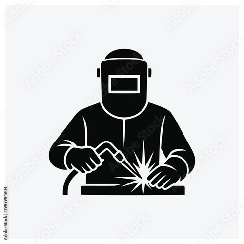 Minimal silhouette illustration of a person welding with protective gear.