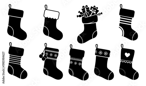 Christmas stocking silhouettes vector set fireside holiday icons isolated on white