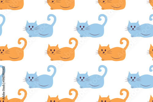 Seamless pattern of red and blue cats in rows on a white background, cute flat vector illustration for children's textiles and wallpaper.