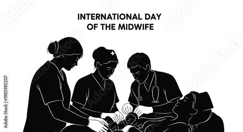 Silhouette vector illustration of midwives and medical staff helping a mother during the labor process birth
