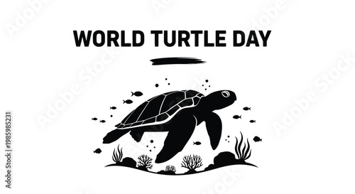 Minimalist vector graphic illustration of a sea turtle swimming underwater to celebrate world turtle day event