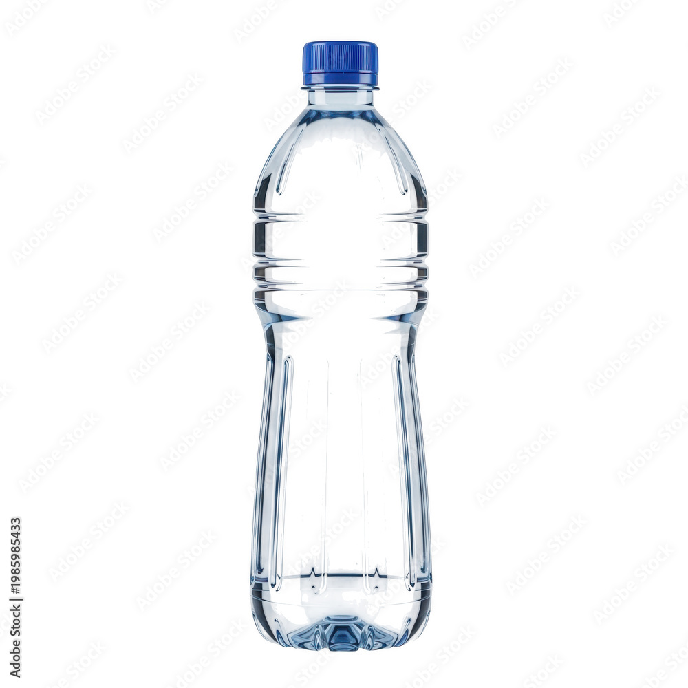Naklejka premium Clear plastic water bottle with blue cap, perfectly designed isolated on transparent background