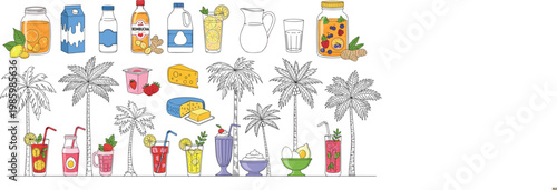 Vector Set of Refreshing Tropical Beverages, Milk, Cheese, Kefir, and Fruit Jars with Palm Trees for Summer, Drinkware, and Beverage Packaging Designs