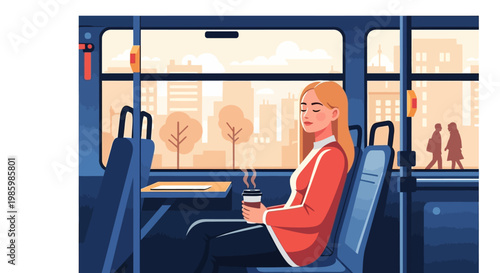 Relaxed Woman Sitting on a Bus Holding a Hot Coffee Cup While Commuting Through the City Urban Landscape