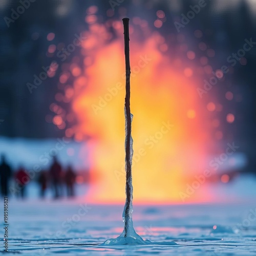 Frozen spectacle, stick raised in triumphant arc against a vibrant, blurred backdrop; the ice a canvas for exhilarating motion,  ice,  pond