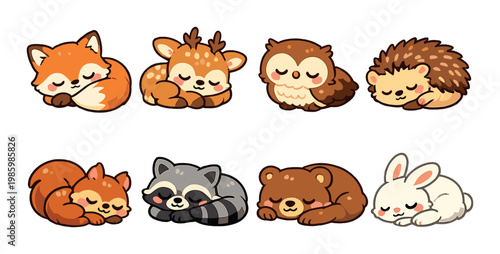 Eight woodland animals sleeping in rows on warm background