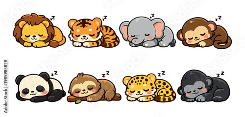Nine baby wild animals sleeping in rows on neutral background