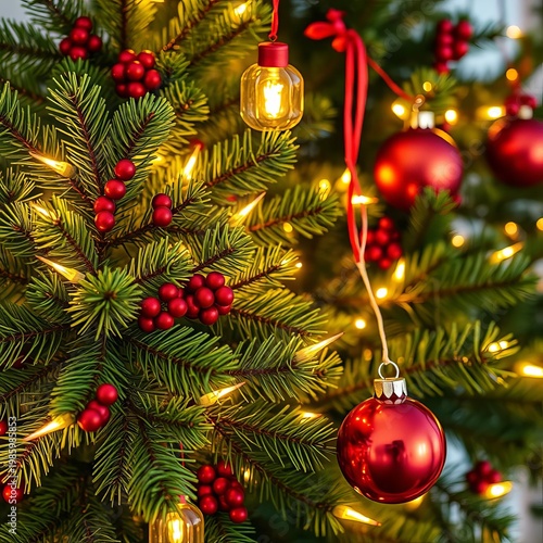 Festive evergreen branches adorned with twinkling lights and ornaments, evoking holiday cheer,  lights,  winter