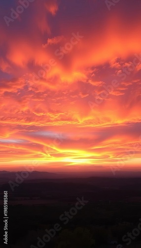 Fiery orange and purple clouds blend in a stunning panoramic sunset over a serene environment,  vibrant,  colors