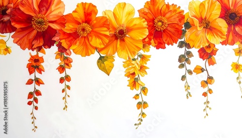 Vibrant Floral Garland in Shades of Orange and Yellow Against White