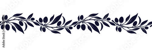 Olive branch seamless border. Vector ornamental geometric pattern. Classic mediterranean repeat strip for nature food design, organic wallpaper in minimalist silhouette style.