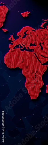 Crimson and azure tessellations evoke a digital atlas, intricate ink dots form a fragmented continental silhouette,  atlas,  texture