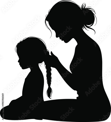 Silhouette of mother braiding young girl's hair child vector illustration EPS PNG file
